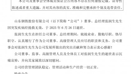 山东钢铁总经理张润生突发疾病去世,年仅56岁!