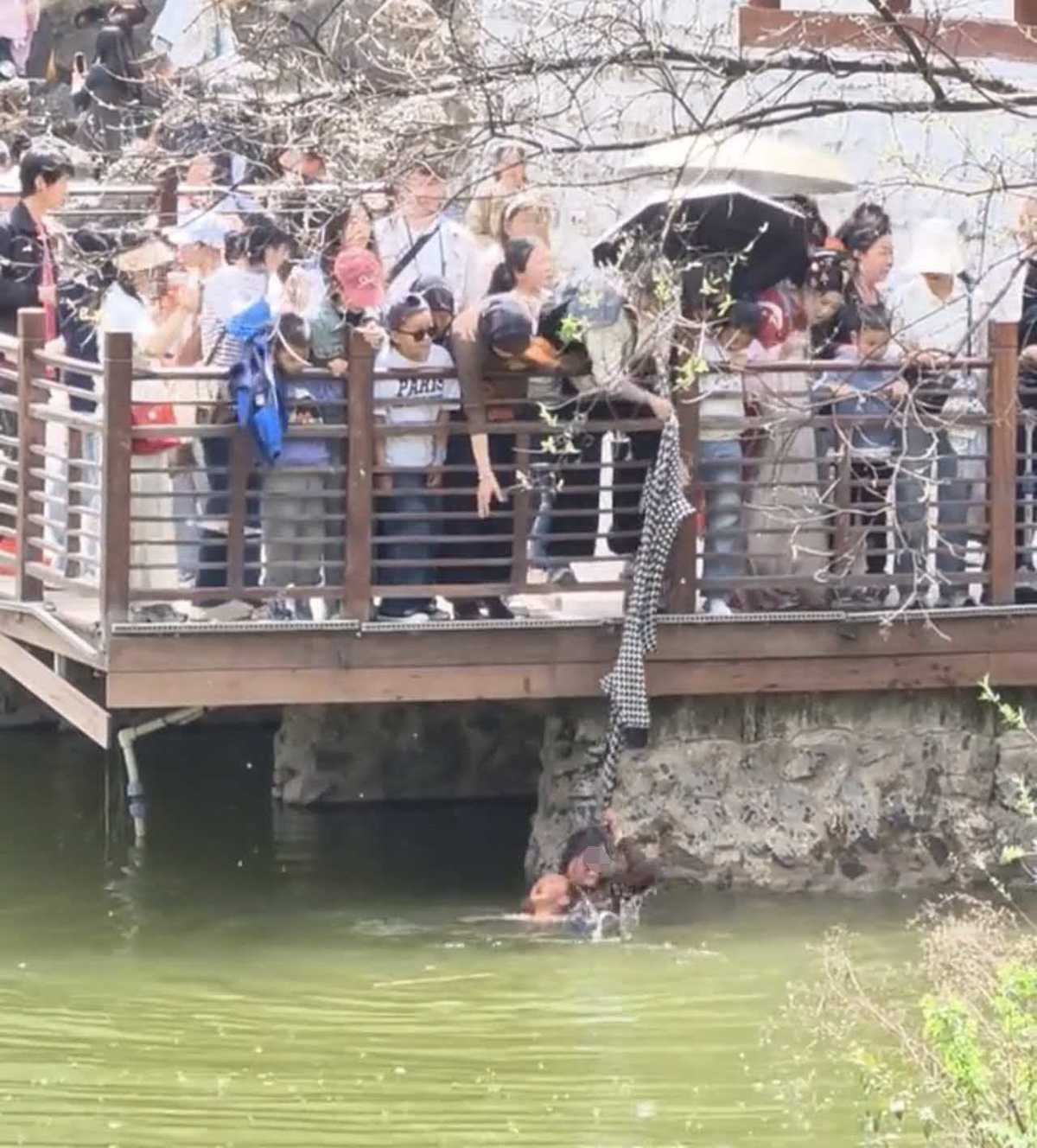 西安一公园小男孩落水，女子下水施救紧紧抱住孩子，游客用衣服将两人拉到岸边，园方回应